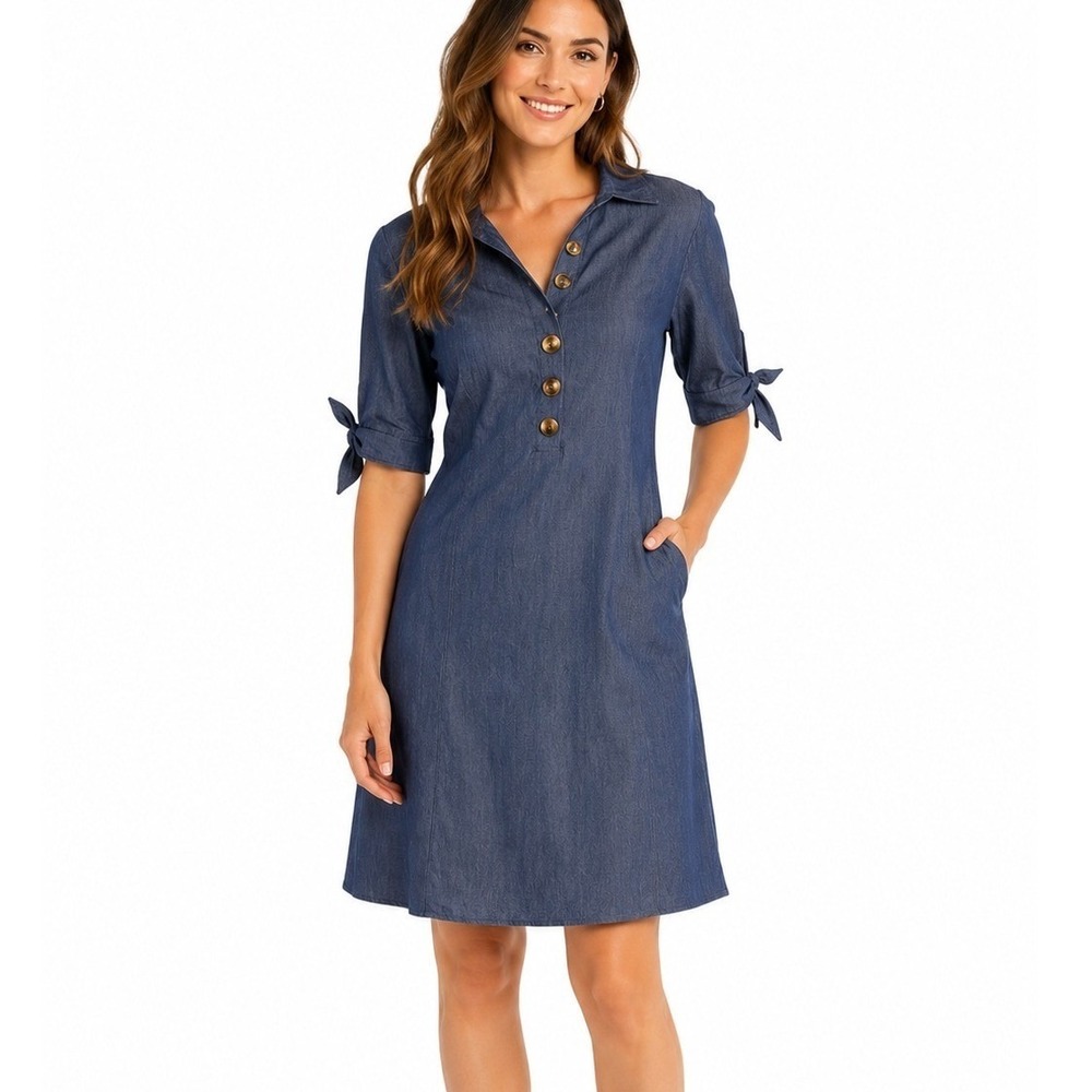 NAÏF | Blue Denim Look Shift Dress Short Sleeve Tie Cuff Button Front | Large